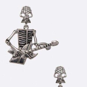Iconic Skeleton Guitar Earrings Halloween Funny Skull Costume- Silver